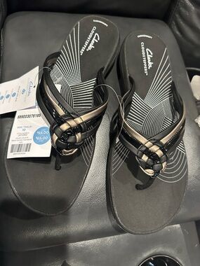 Clarks Black and Metallic Bronze Wedge Thong Sandals